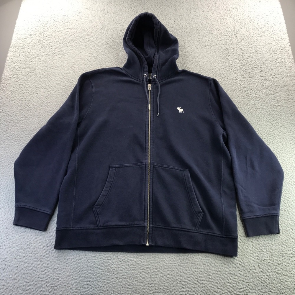 Abercrombie & Fitch Hoodie Mens 2XL Blue Faded Fleece Soft Moose Logo Full Zip